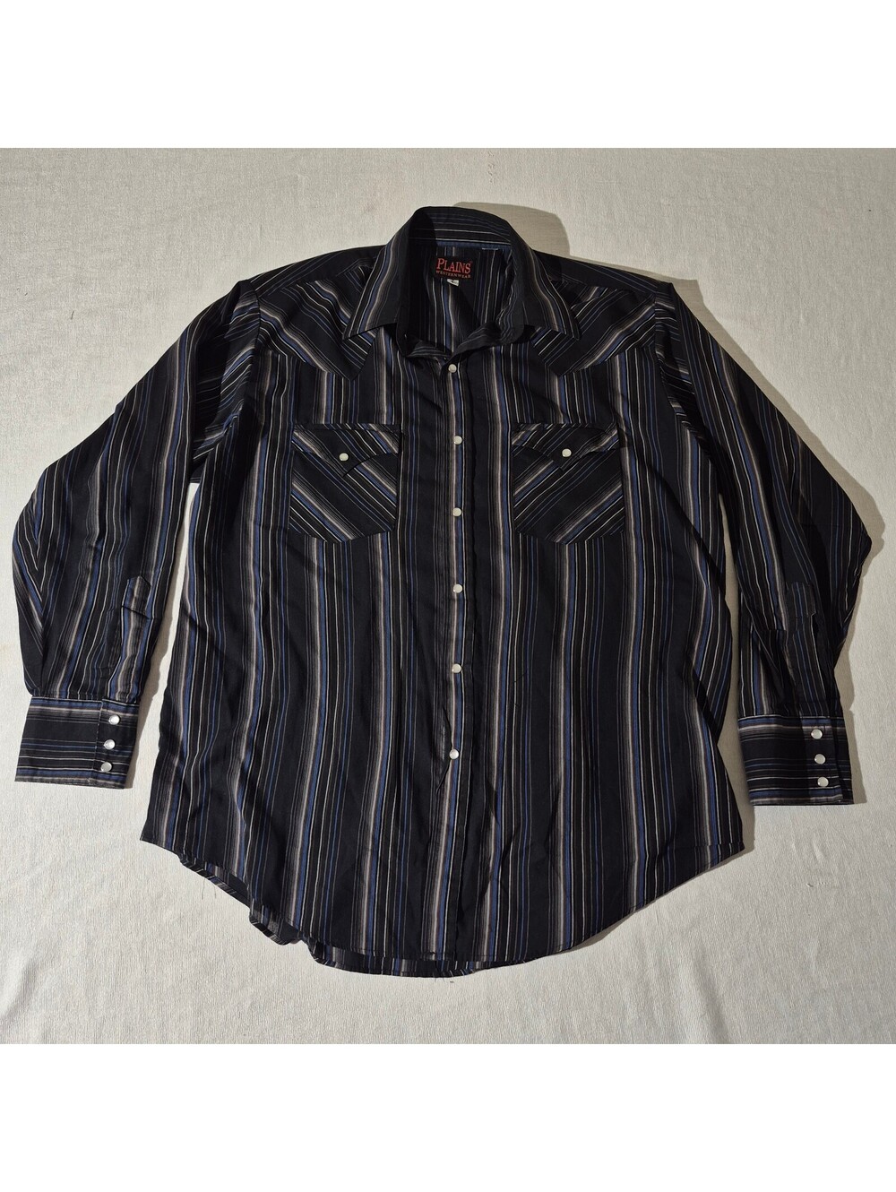 Plains Western L Large Striped long sleeve Pearl snap shirt black ranch